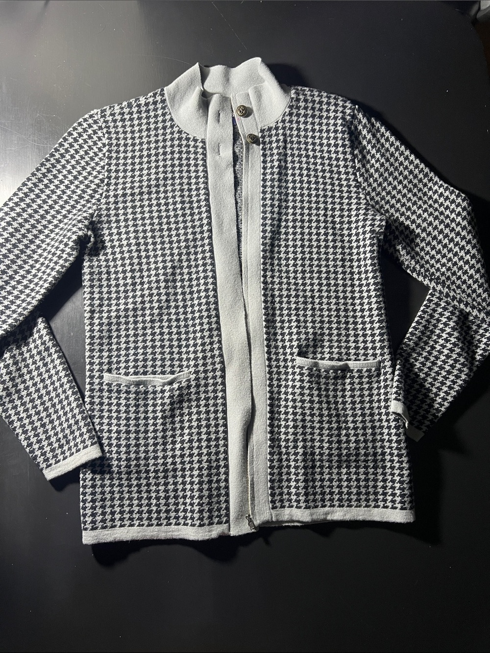 Lands' End Black & White Houndstooth Knit Jacket